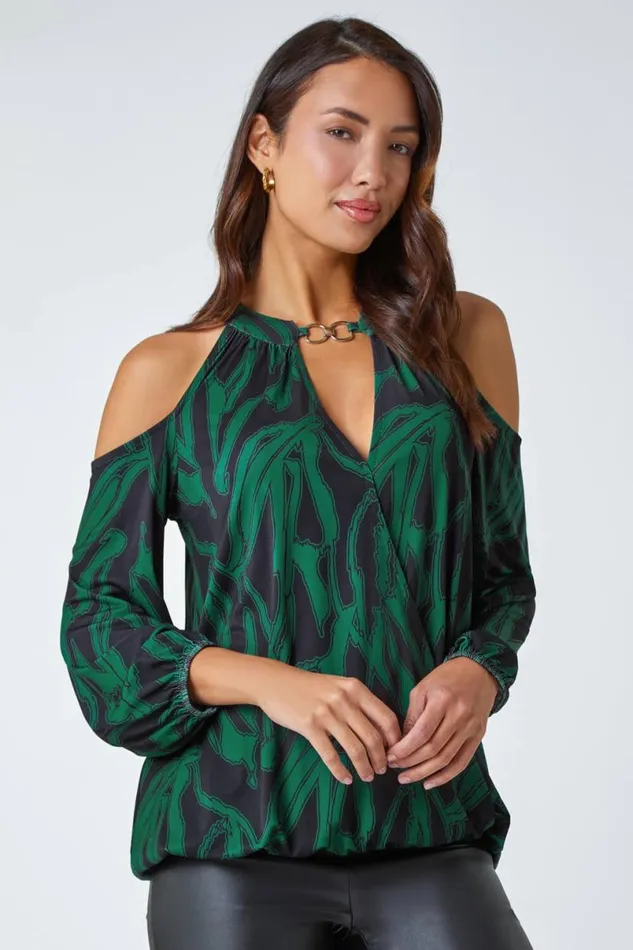 Forest Green Abstract Print Cold Shoulder Chiffon Top Women Roman Tops