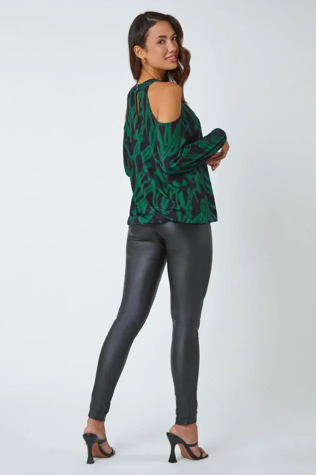 Forest Green Abstract Print Cold Shoulder Chiffon Top Women Roman Tops