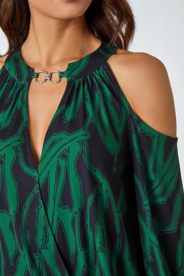 Forest Green Abstract Print Cold Shoulder Chiffon Top Women Roman Tops