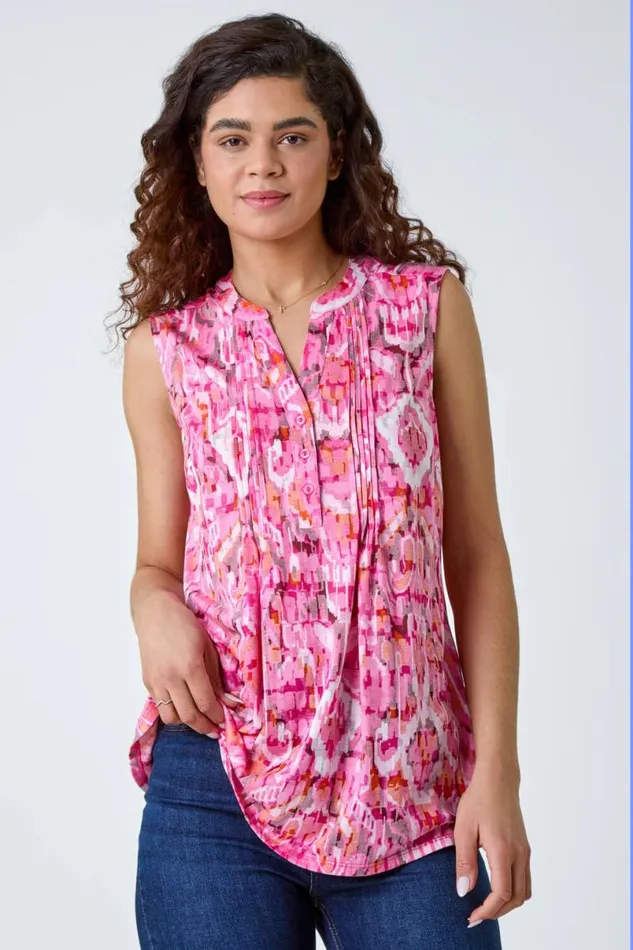 Fuchsia Aztec Burnout Pintuck Detail Stretch Top Women Roman Tops