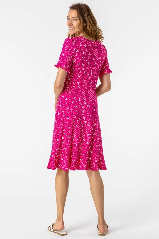 Fuchsia Floral Print Fluted Hem Shift Dress Women Roman Dresses