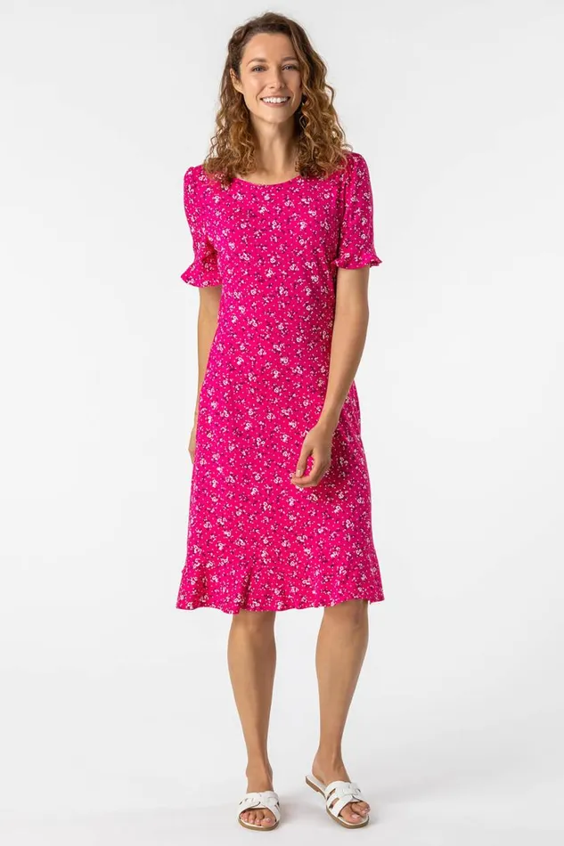 Fuchsia Floral Print Fluted Hem Shift Dress Women Roman Dresses