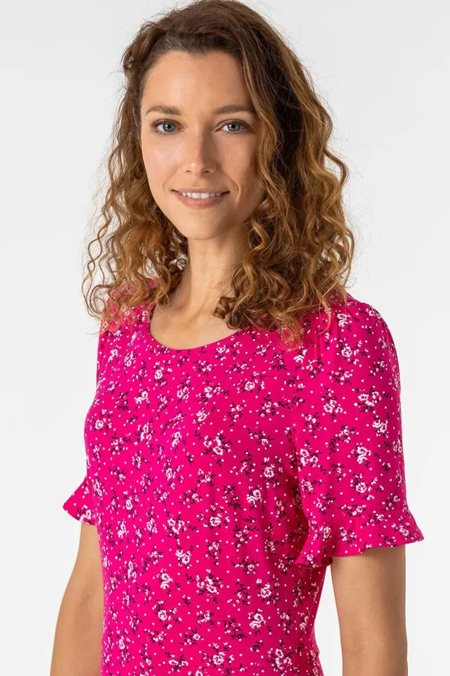 Fuchsia Floral Print Fluted Hem Shift Dress Women Roman Dresses