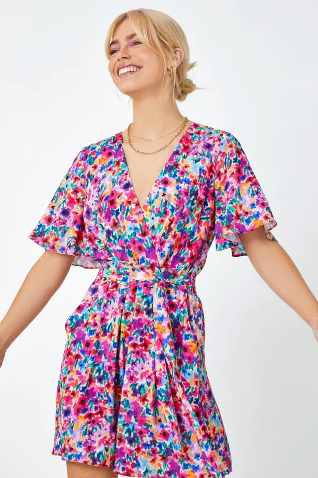 Fuchsia Floral Print Wrap Tie Playsuit Women Roman Jumpsuits and Playsuits