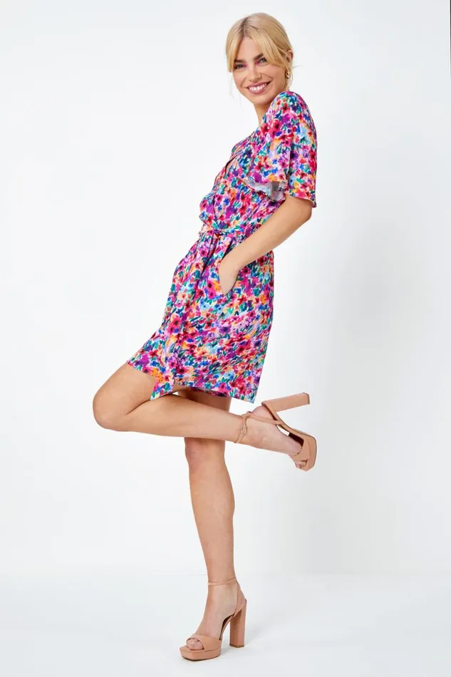 Fuchsia Floral Print Wrap Tie Playsuit Women Roman Jumpsuits and Playsuits