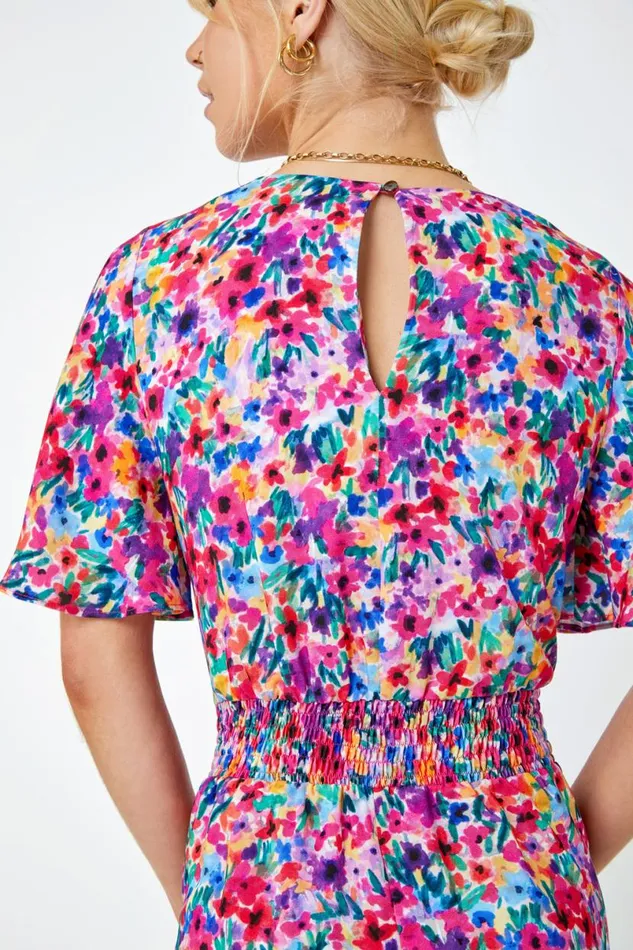 Fuchsia Floral Print Wrap Tie Playsuit Women Roman Jumpsuits and Playsuits
