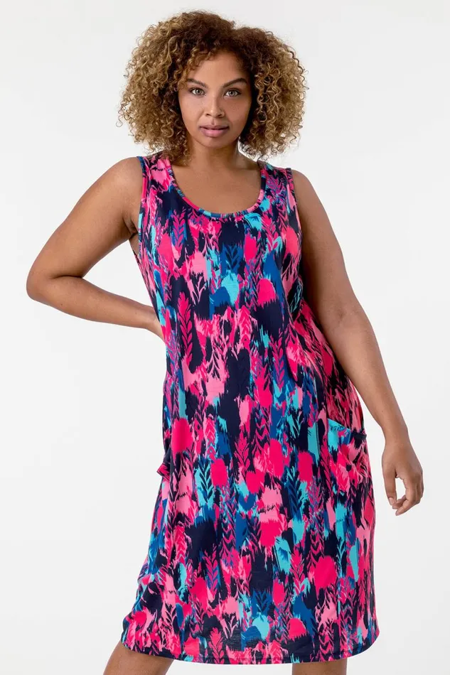 Fuschia Curve Abstract Print Cocoon Dress Women Roman Dresses