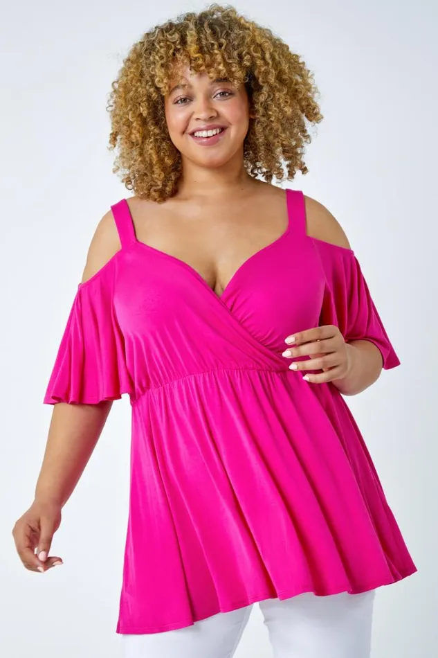 Fushcia Curve VNeck Cold Shoulder Wrap Top Women Roman Tops