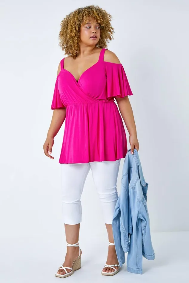 Fushcia Curve VNeck Cold Shoulder Wrap Top Women Roman Tops