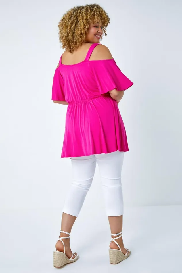 Fushcia Curve VNeck Cold Shoulder Wrap Top Women Roman Tops