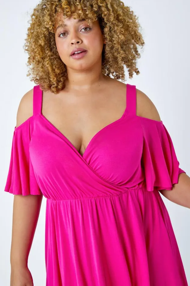Fushcia Curve VNeck Cold Shoulder Wrap Top Women Roman Tops