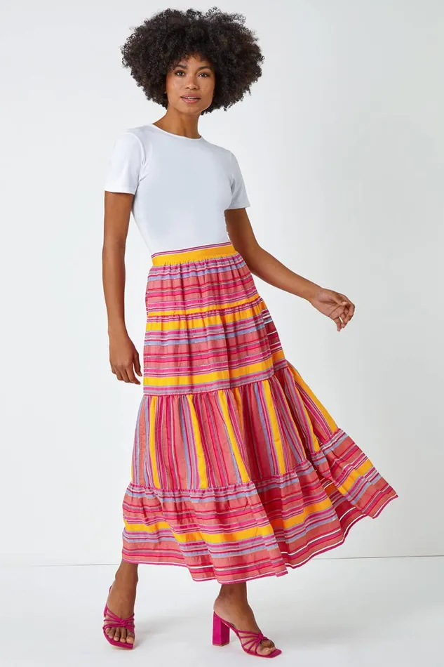Fushcia Tiered Striped Elastic Waist Maxi Skirt Women Roman Skirts