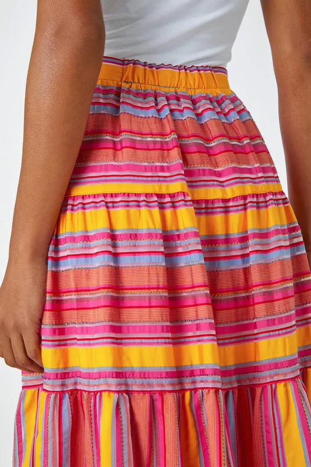 Fushcia Tiered Striped Elastic Waist Maxi Skirt Women Roman Skirts