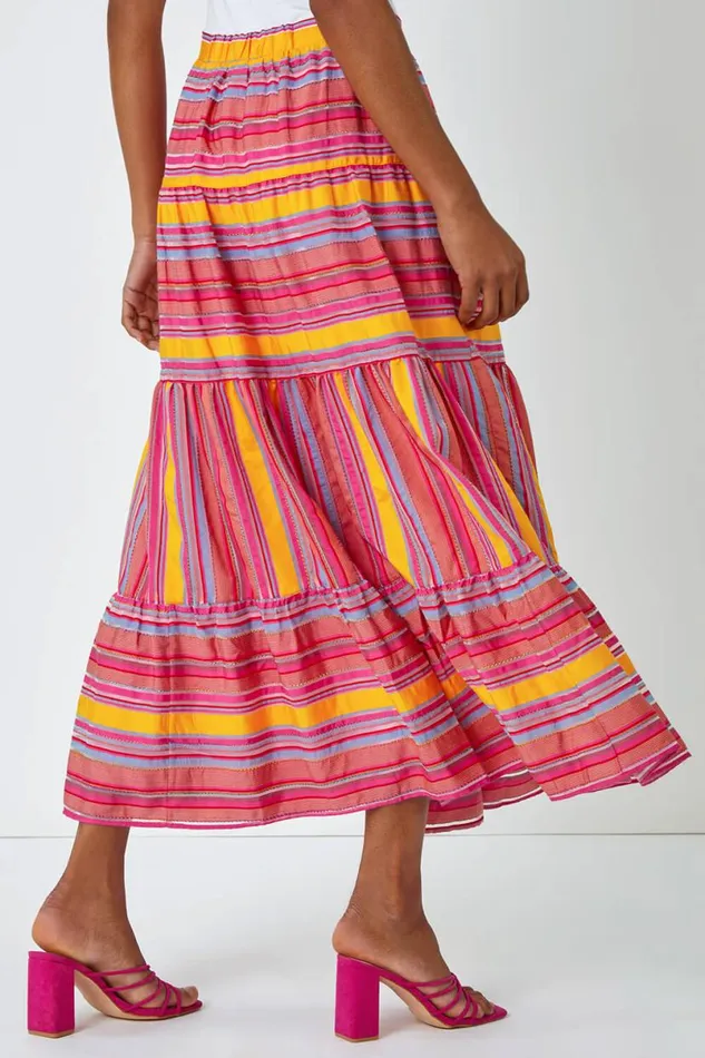 Fushcia Tiered Striped Elastic Waist Maxi Skirt Women Roman Skirts