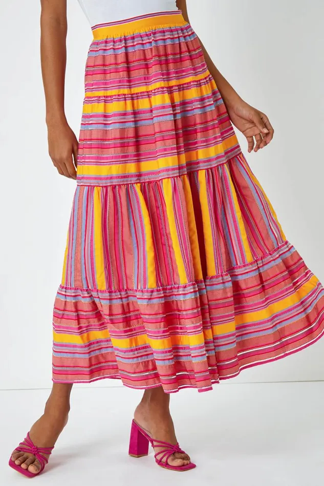 Fushcia Tiered Striped Elastic Waist Maxi Skirt Women Roman Skirts