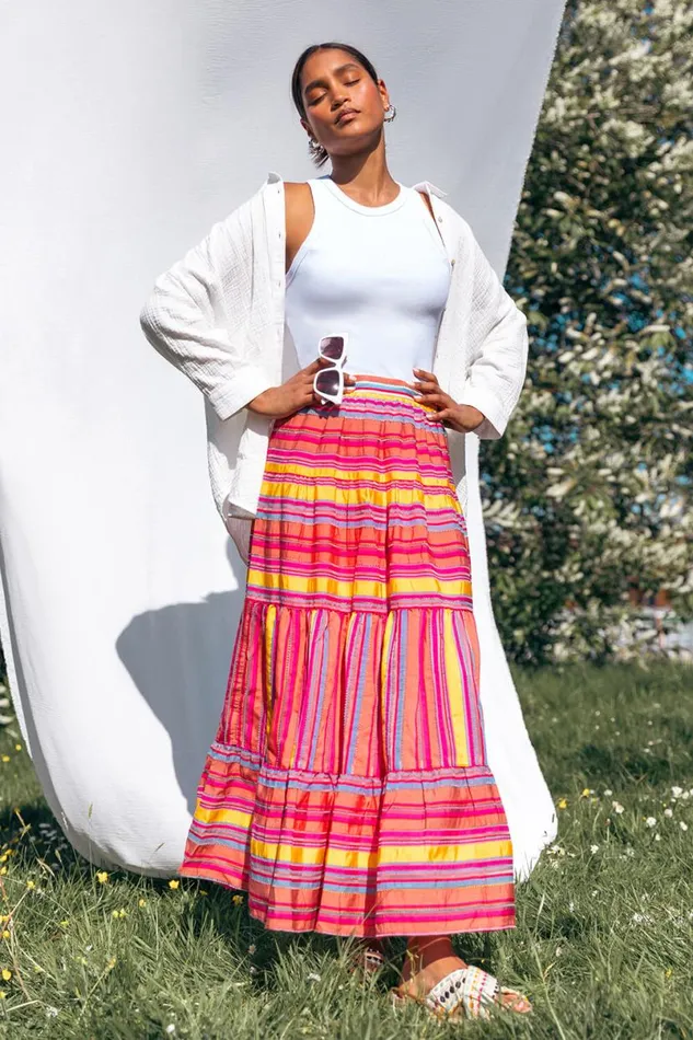Fushcia Tiered Striped Elastic Waist Maxi Skirt Women Roman Skirts