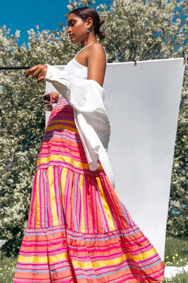 Fushcia Tiered Striped Elastic Waist Maxi Skirt Women Roman Skirts