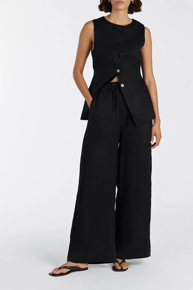 GINA BLACK LINEN ELASTIC WAIST PANT Women DISSH Pants