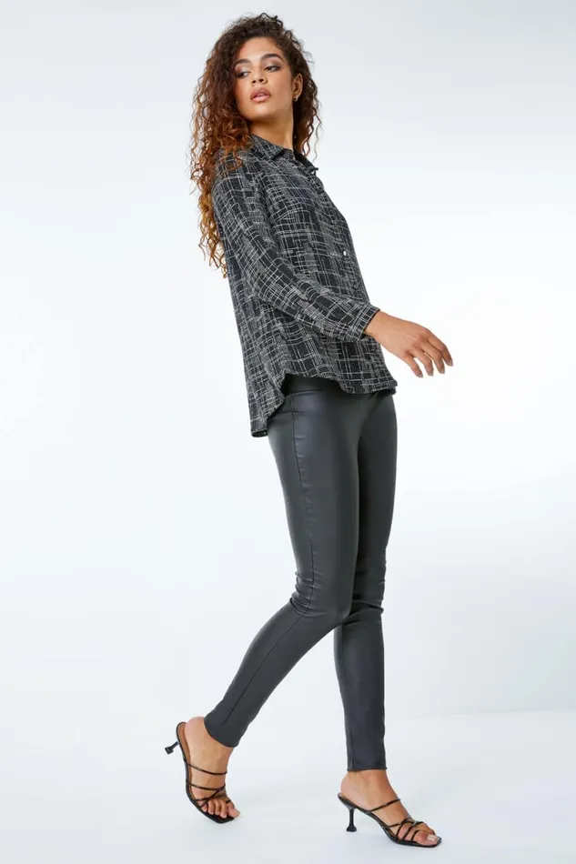 Gold Glitter Check Print Shirt Women Roman Tops