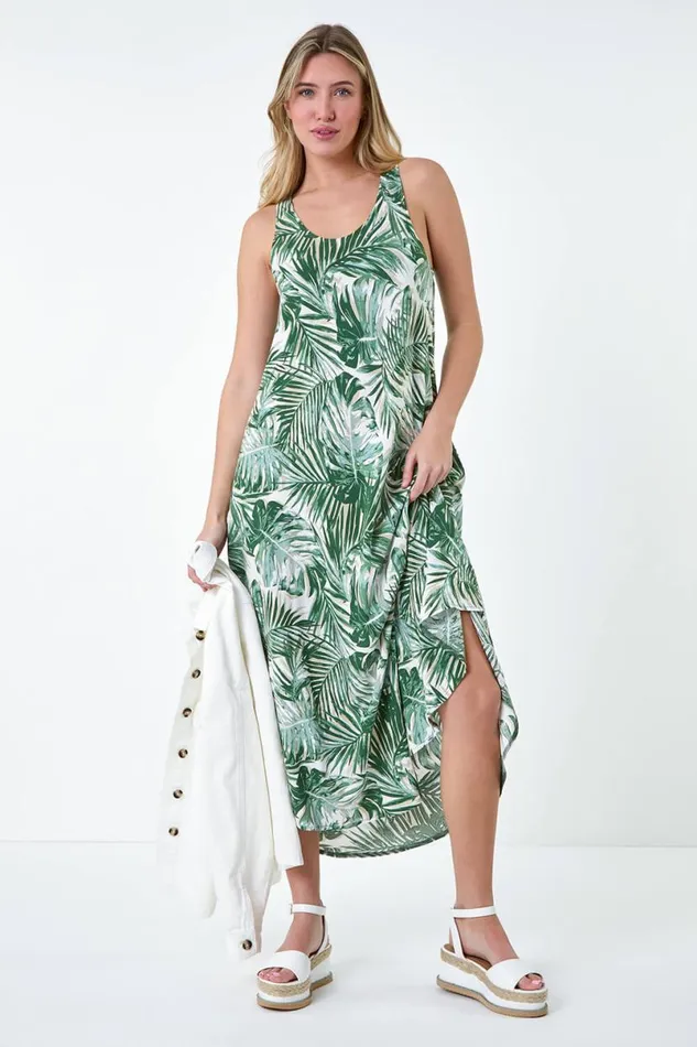 Green Abstract Print Hanky Hem Dress Women Roman Dresses