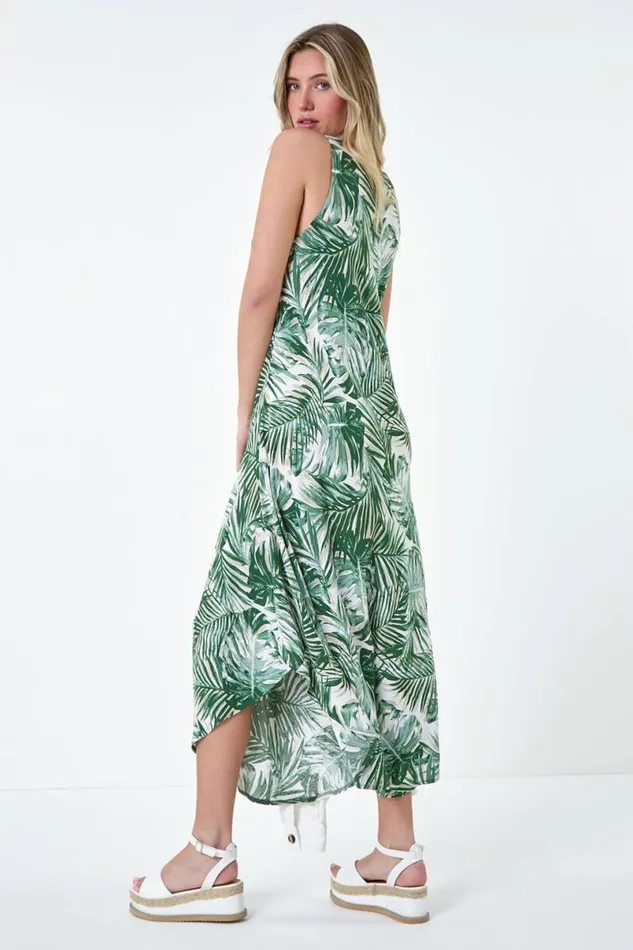 Green Abstract Print Hanky Hem Dress Women Roman Dresses