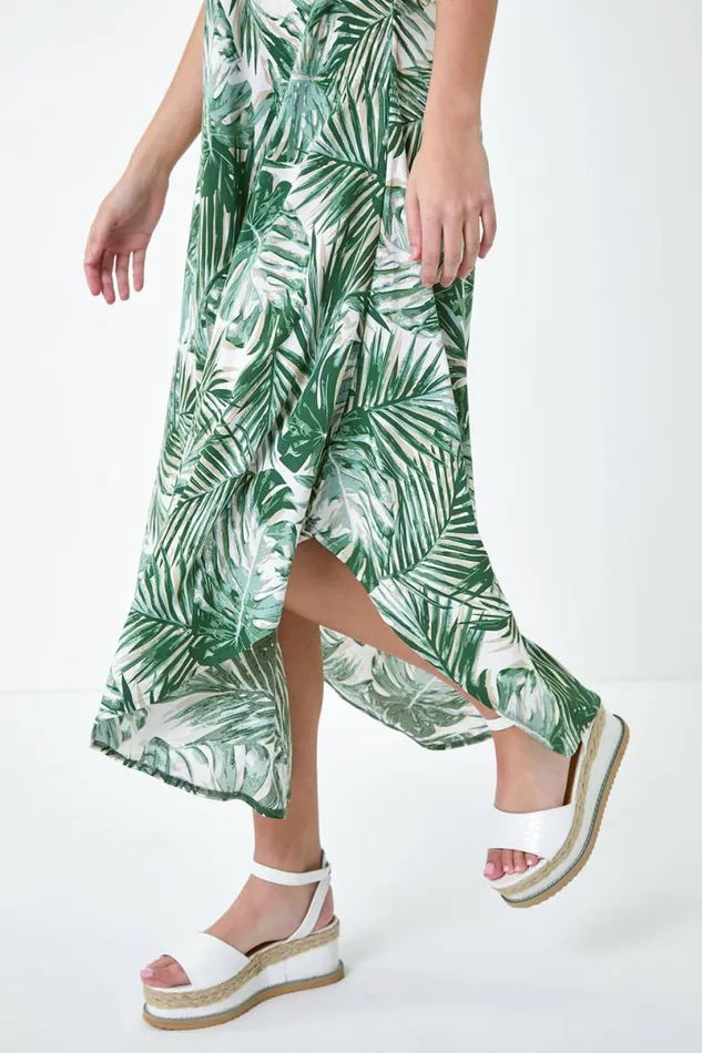 Green Abstract Print Hanky Hem Dress Women Roman Dresses