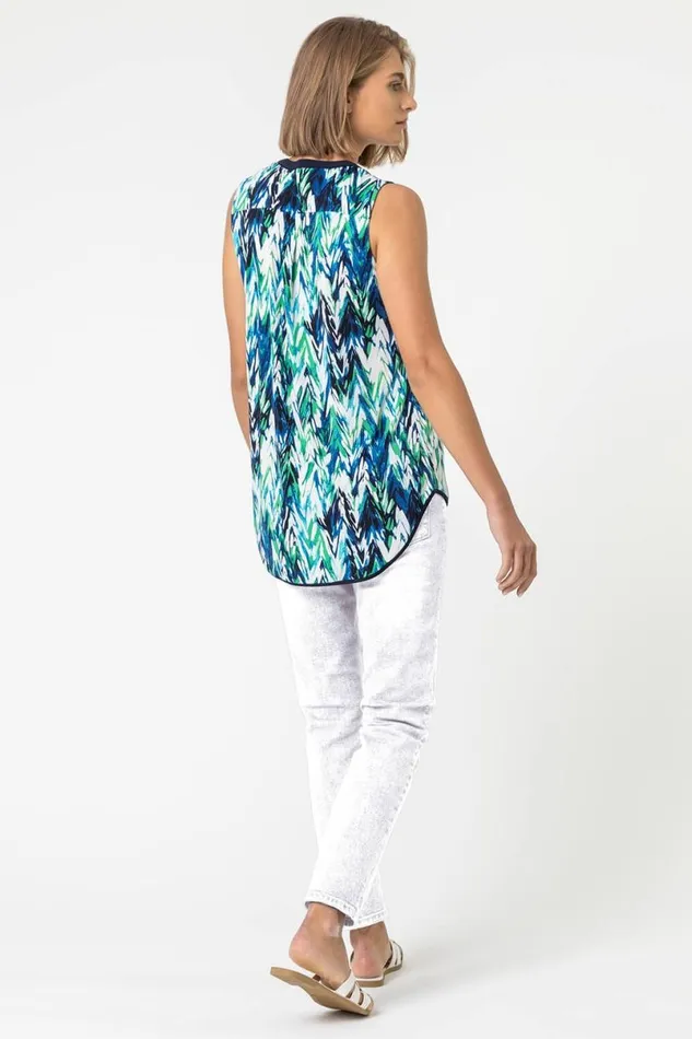 Green Abstract Print Notch Neck Sleeveless Top Women Roman Tops
