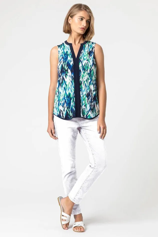 Green Abstract Print Notch Neck Sleeveless Top Women Roman Tops