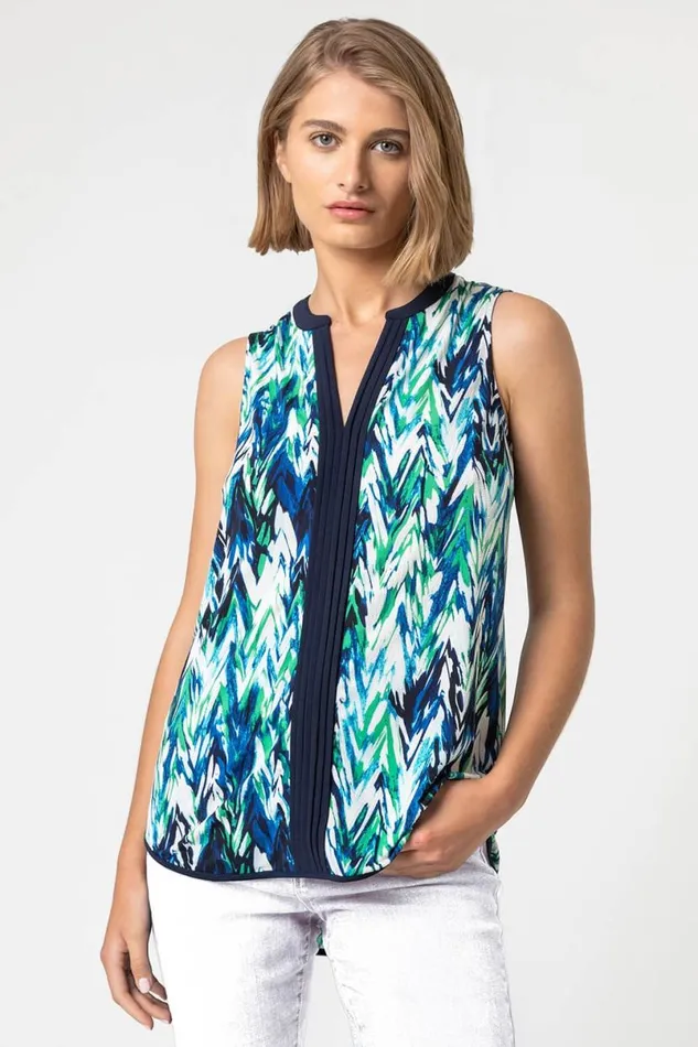 Green Abstract Print Notch Neck Sleeveless Top Women Roman Tops