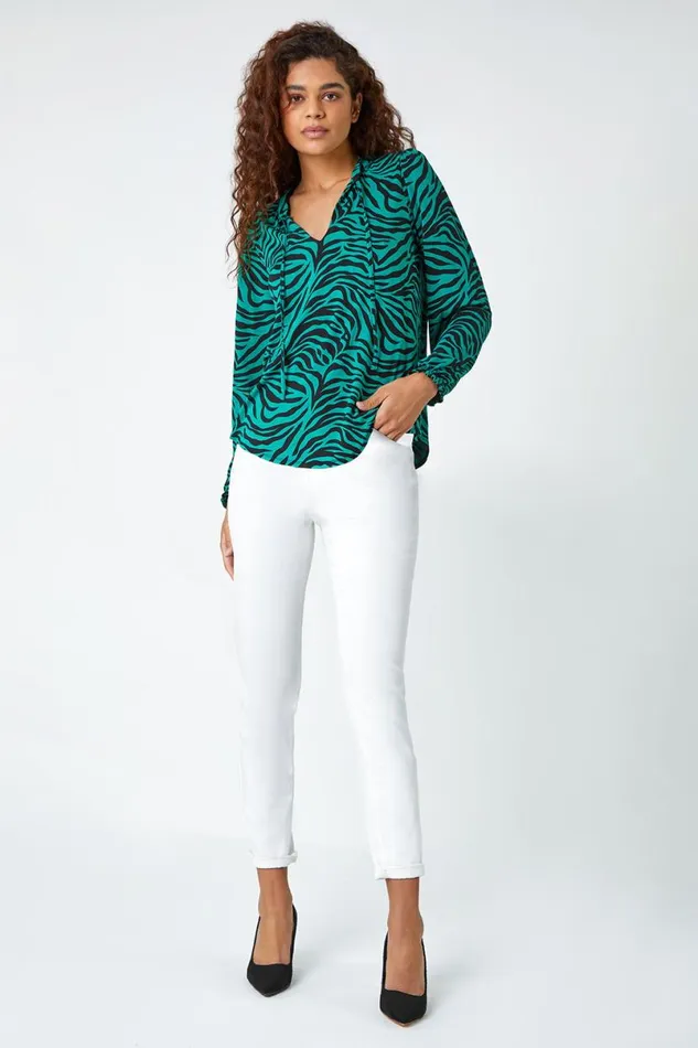 Green Animal Print Tie Neck Stretch Top Women Roman Tops