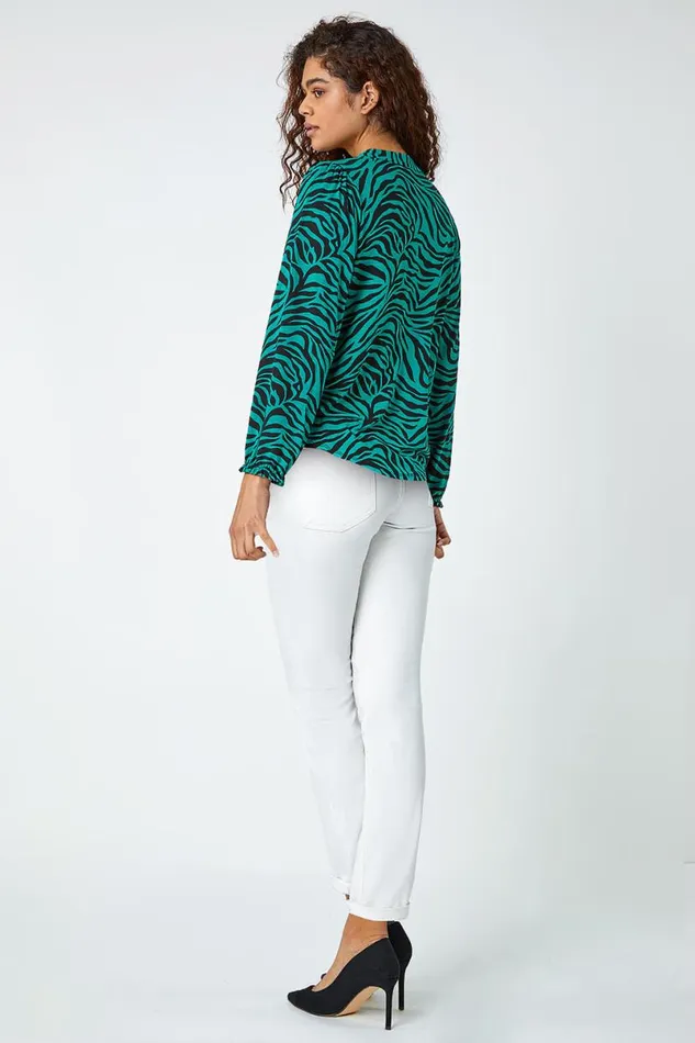 Green Animal Print Tie Neck Stretch Top Women Roman Tops