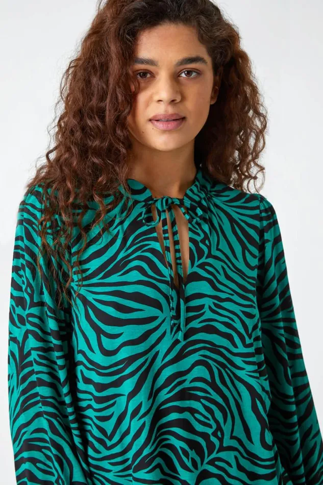 Green Animal Print Tie Neck Stretch Top Women Roman Tops