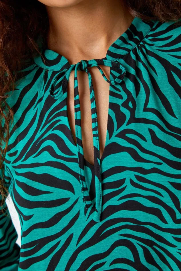 Green Animal Print Tie Neck Stretch Top Women Roman Tops
