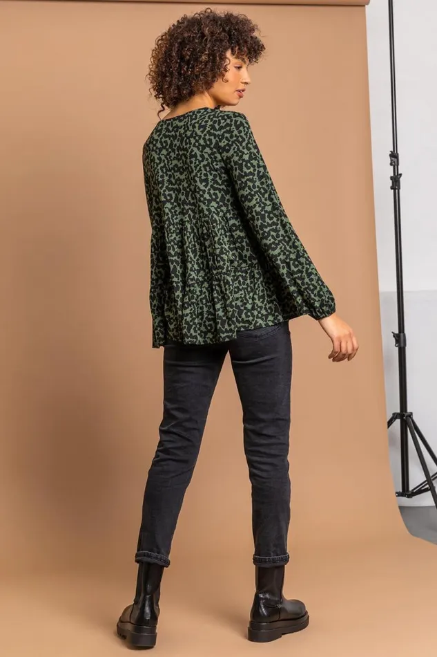 Green Animal Print V Neck Tiered Top Women Roman Tops
