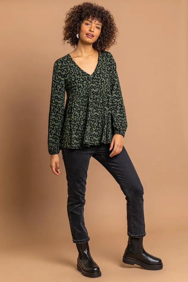 Green Animal Print V Neck Tiered Top Women Roman Tops