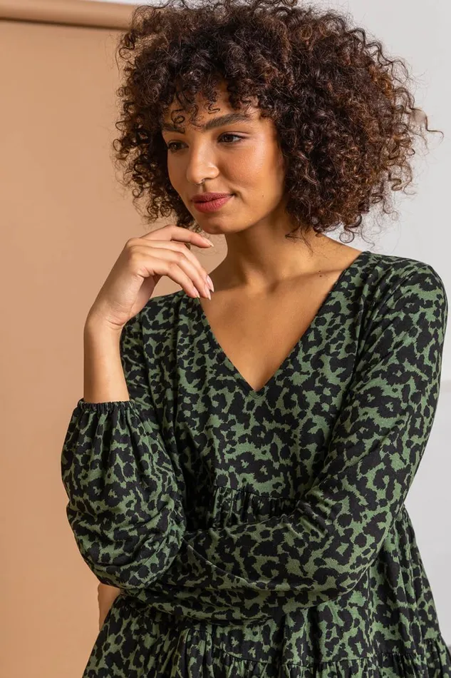 Green Animal Print V Neck Tiered Top Women Roman Tops