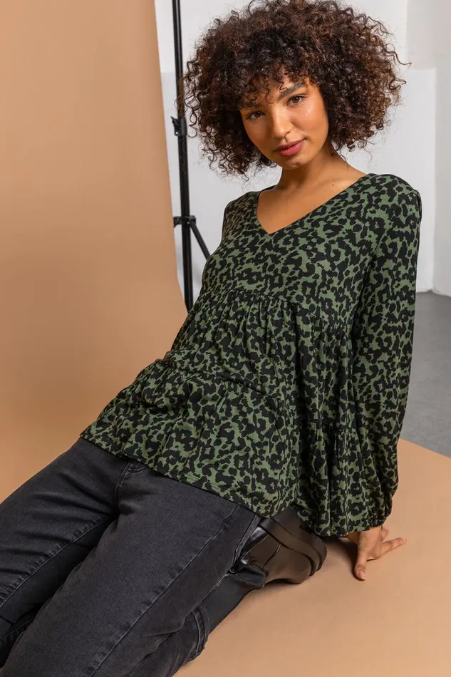 Green Animal Print V Neck Tiered Top Women Roman Tops