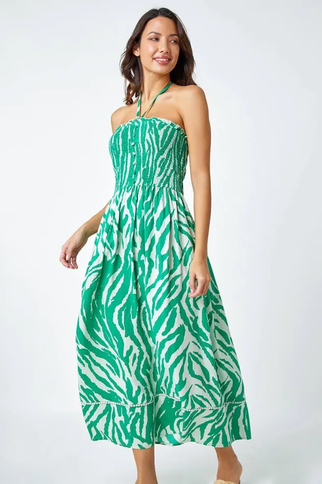 Green Animal Shirred Stretch Maxi Dress Women Roman Dresses