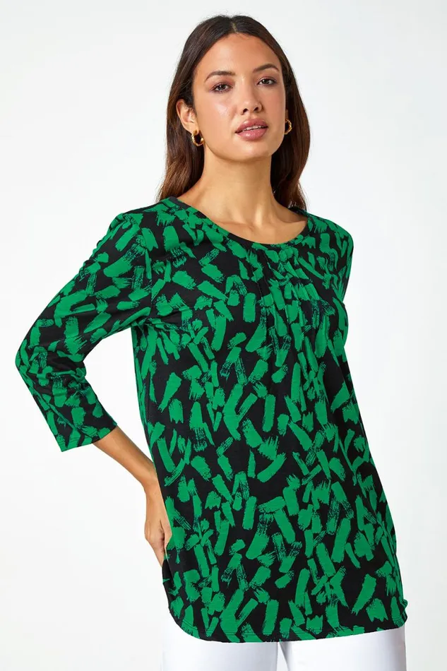 Green Cotton Abstract Print Pleated Tunic Top Women Roman Tops