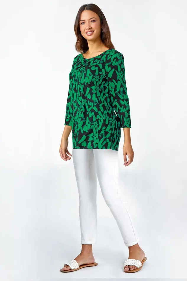 Green Cotton Abstract Print Pleated Tunic Top Women Roman Tops