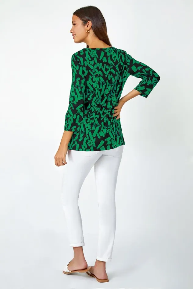 Green Cotton Abstract Print Pleated Tunic Top Women Roman Tops