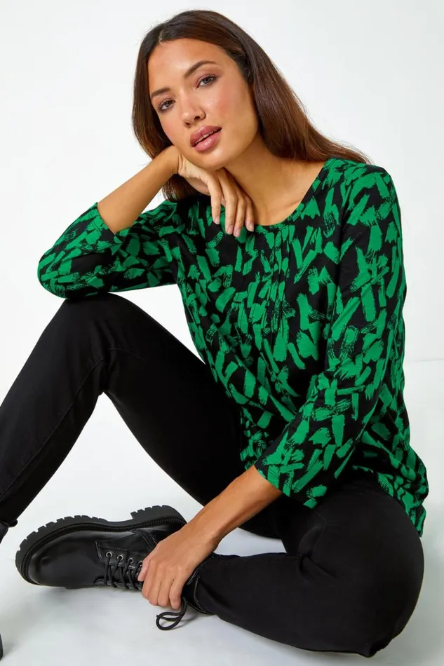 Green Cotton Abstract Print Pleated Tunic Top Women Roman Tops