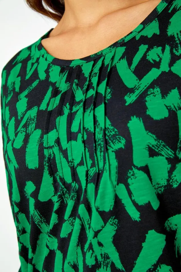 Green Cotton Abstract Print Pleated Tunic Top Women Roman Tops