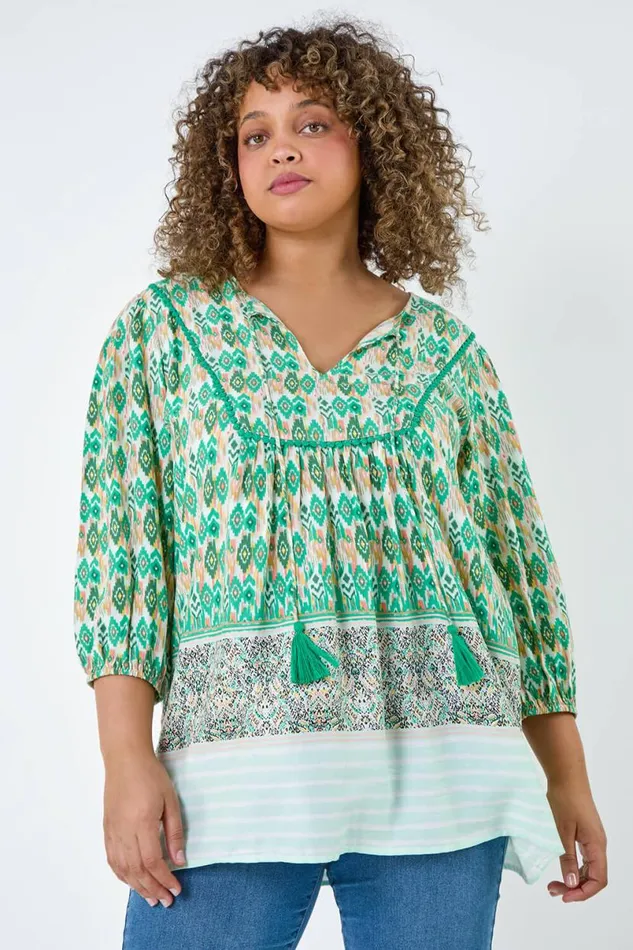 Green Curve Boho Print Tie Neck Top Women Roman Tops
