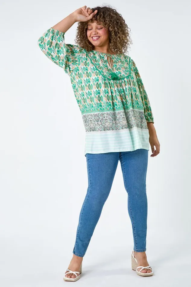 Green Curve Boho Print Tie Neck Top Women Roman Tops