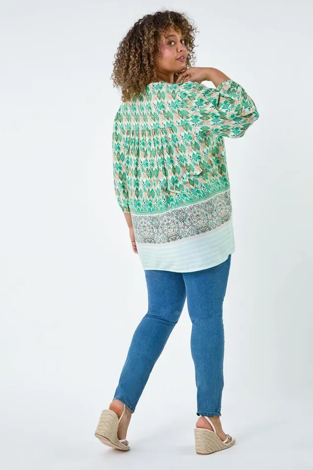 Green Curve Boho Print Tie Neck Top Women Roman Tops
