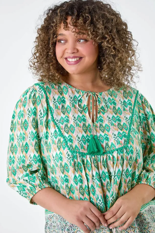 Green Curve Boho Print Tie Neck Top Women Roman Tops