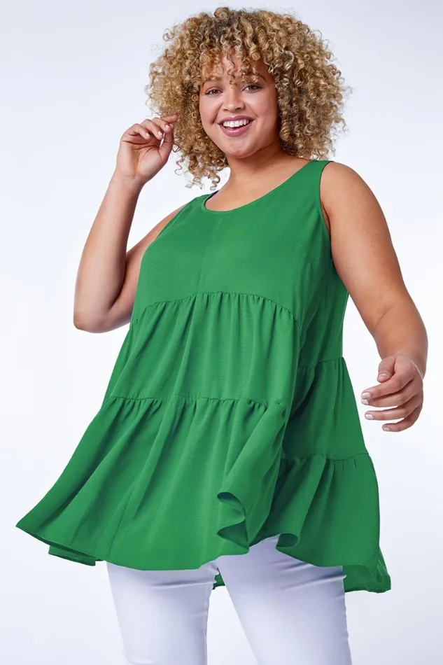 Green Curve Plain Tiered Tunic Vest Top Women Roman Tops
