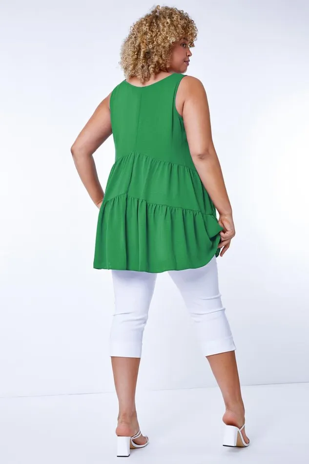 Green Curve Plain Tiered Tunic Vest Top Women Roman Tops