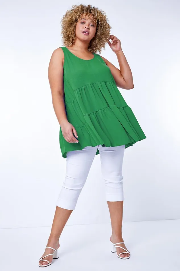 Green Curve Plain Tiered Tunic Vest Top Women Roman Tops